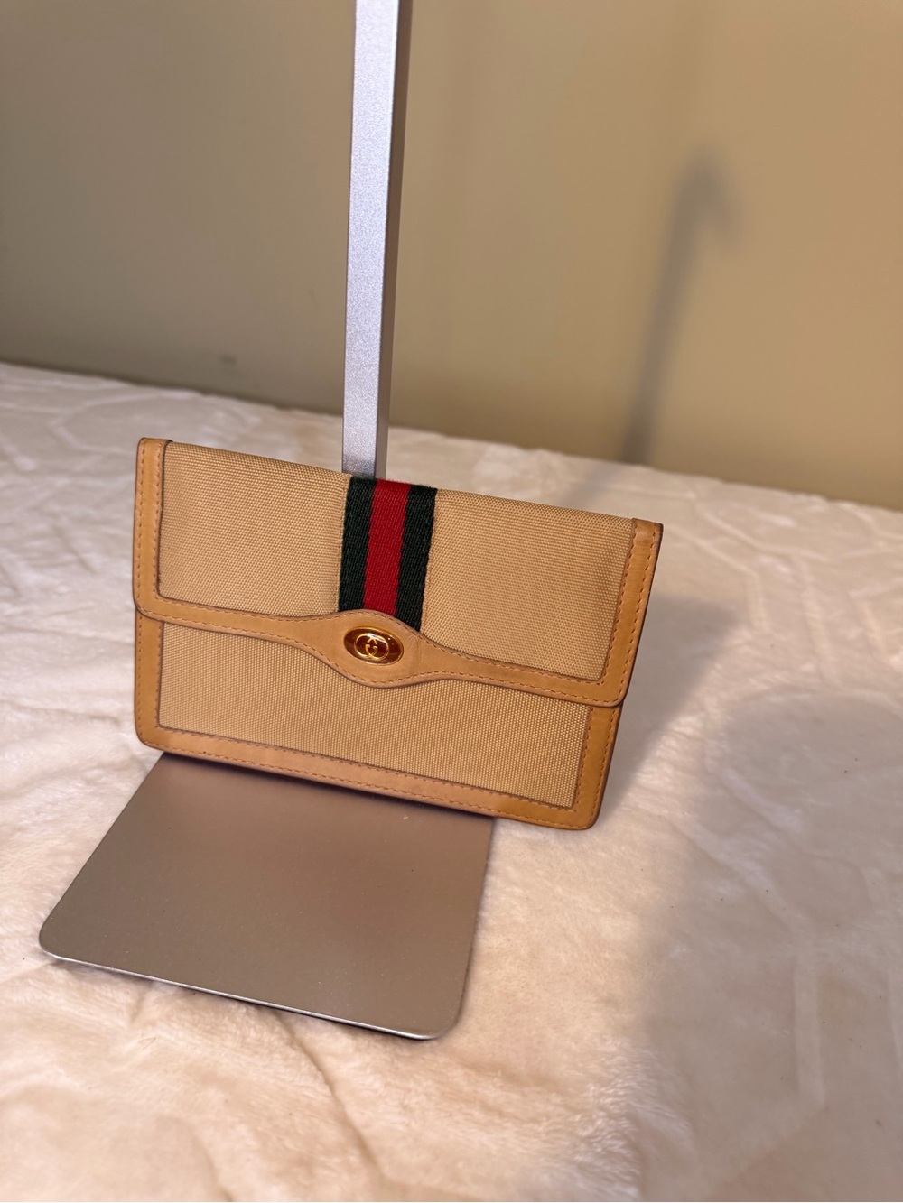 Gucci Vintage Beige Canvas Wallet/Clutch with Green-Red Web Stripe